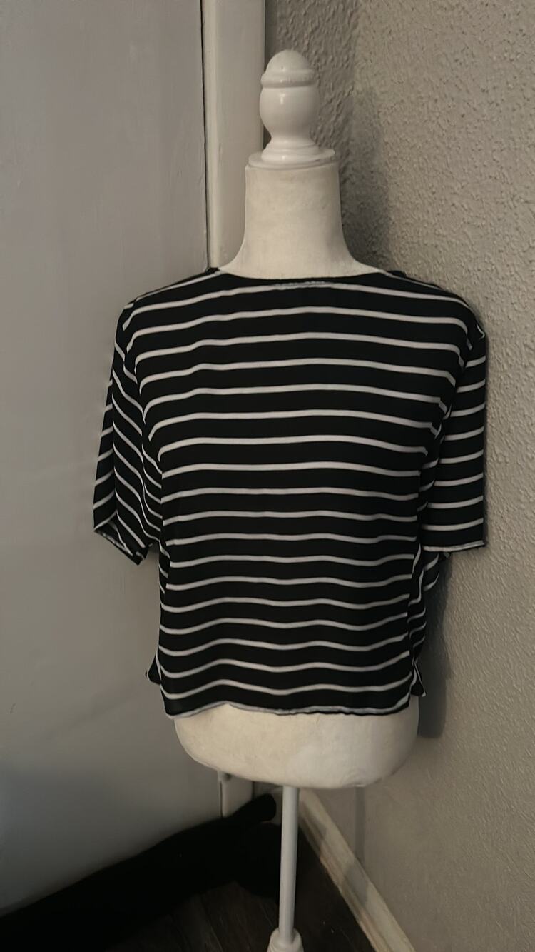 Fab'rik Black/White Sheer Striped Top S Nautical Preppy Costal Boho Classic